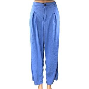 Halston Women's Blue Linen Pleated High Rise Wide Leg Trousers Pants Size 10